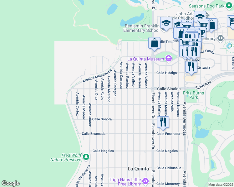 map of restaurants, bars, coffee shops, grocery stores, and more near 51830 Avenue Obregon in La Quinta
