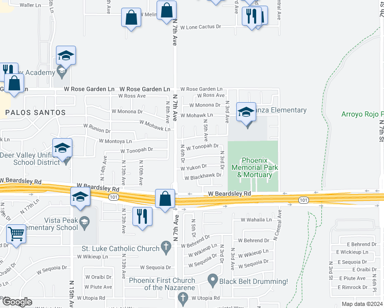 map of restaurants, bars, coffee shops, grocery stores, and more near 602 West Hononegh Drive in Phoenix