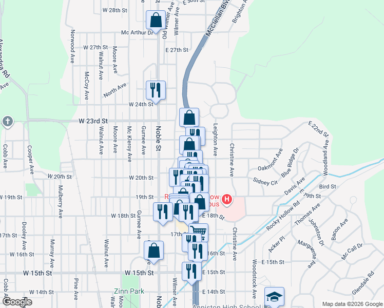 map of restaurants, bars, coffee shops, grocery stores, and more near 2106 Quintard Avenue in Anniston