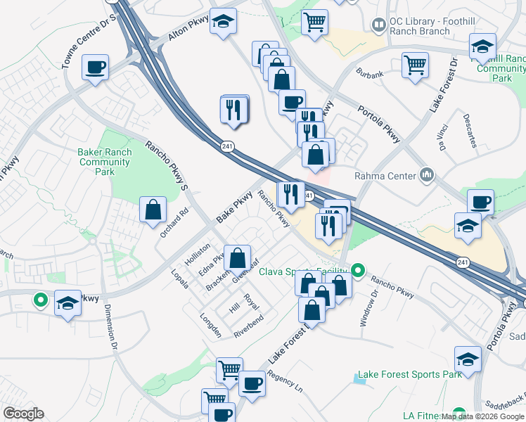map of restaurants, bars, coffee shops, grocery stores, and more near 26761 Rancho Parkway in Lake Forest
