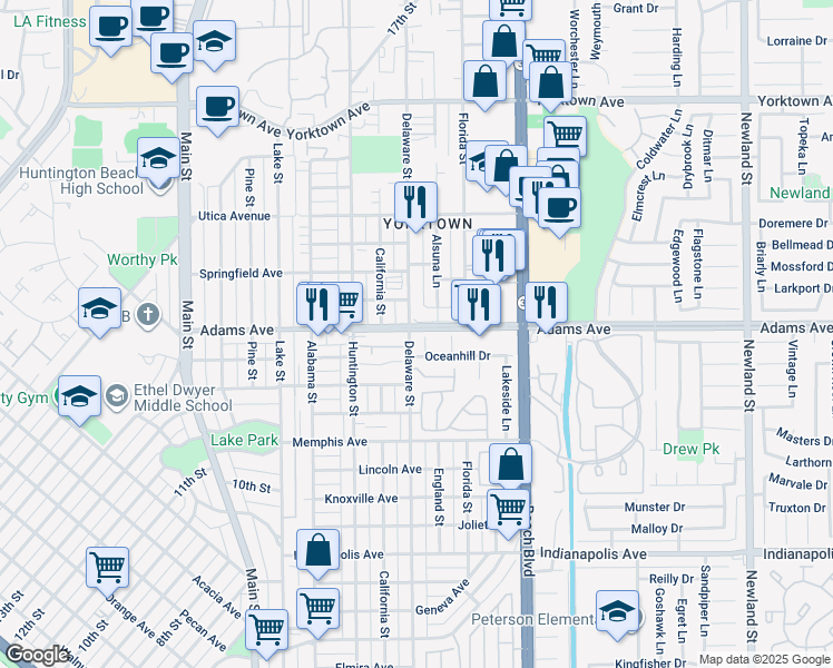 map of restaurants, bars, coffee shops, grocery stores, and more near 1617 Riverview Circle in Huntington Beach