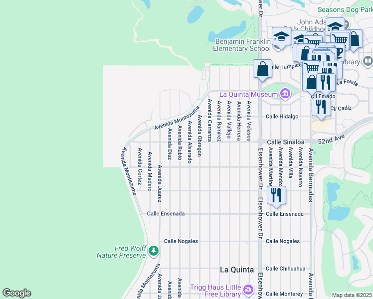 map of restaurants, bars, coffee shops, grocery stores, and more near 51835 Avenue Alvarado in La Quinta