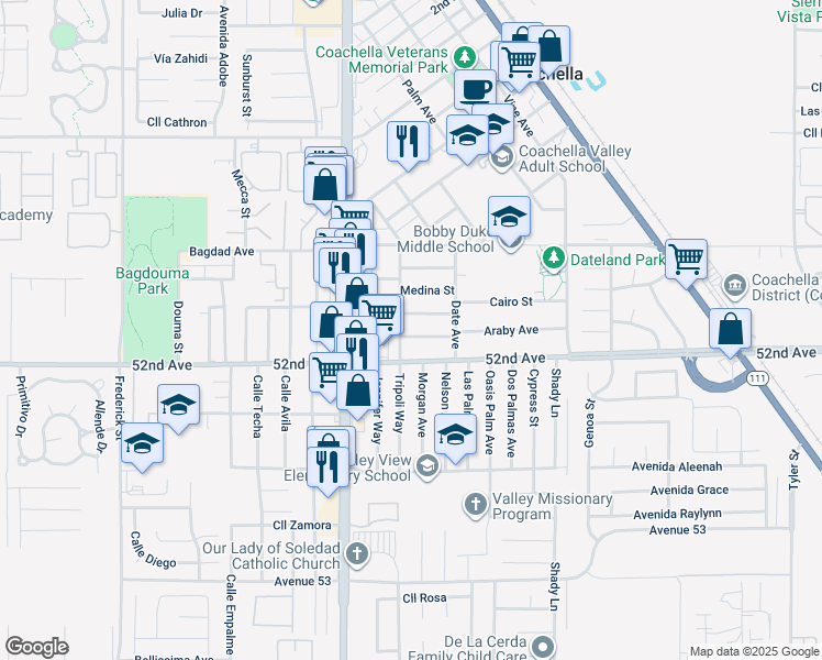 map of restaurants, bars, coffee shops, grocery stores, and more near 85215 Araby Avenue in Coachella