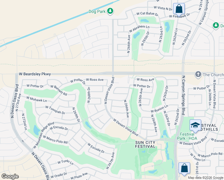 map of restaurants, bars, coffee shops, grocery stores, and more near 20652 North 267th Avenue in Buckeye