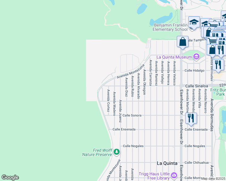 map of restaurants, bars, coffee shops, grocery stores, and more near 51815 Avenue Madero in La Quinta