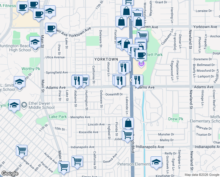 map of restaurants, bars, coffee shops, grocery stores, and more near 1617 Hillcrest Circle in Huntington Beach