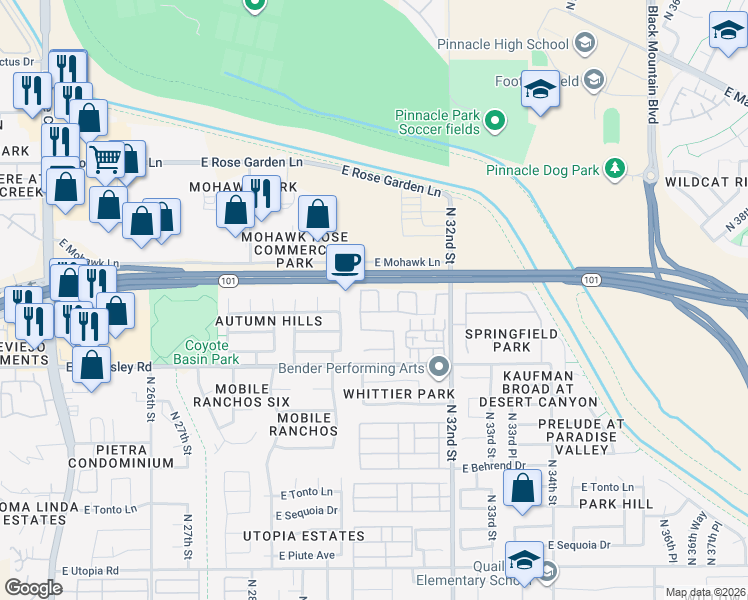 map of restaurants, bars, coffee shops, grocery stores, and more near 20414 North 30th Way in Phoenix