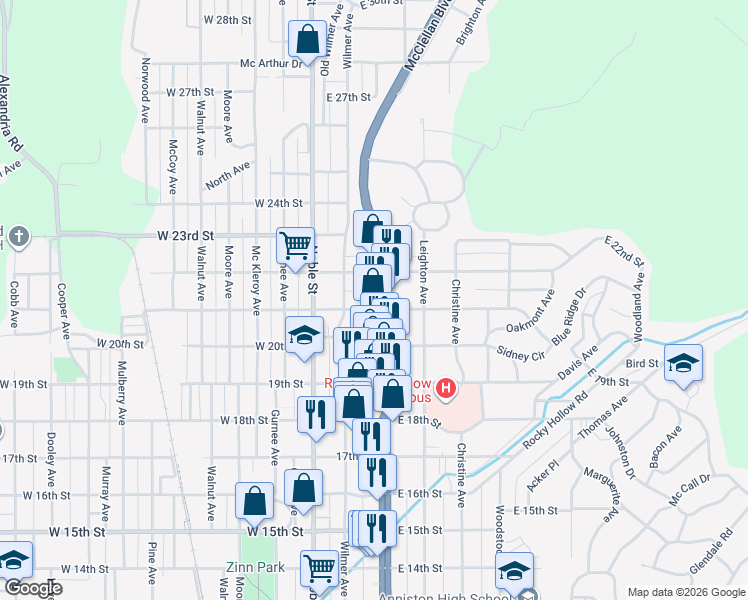 map of restaurants, bars, coffee shops, grocery stores, and more near 2106 Quintard Avenue in Anniston