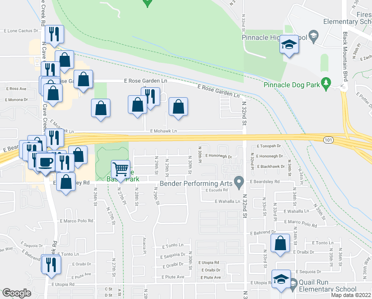 map of restaurants, bars, coffee shops, grocery stores, and more near 20410 North 30th Street in Phoenix