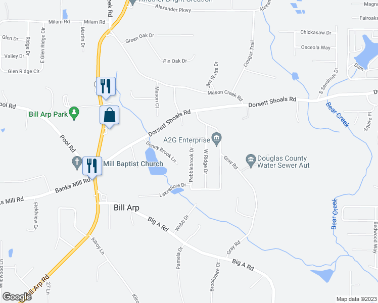 map of restaurants, bars, coffee shops, grocery stores, and more near 4916 Pebblebrook Drive in Douglasville