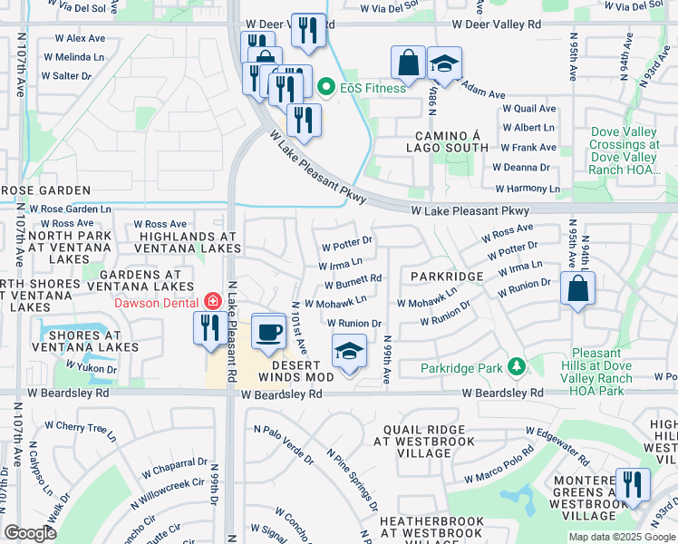 map of restaurants, bars, coffee shops, grocery stores, and more near 10019 West Irma Lane in Peoria