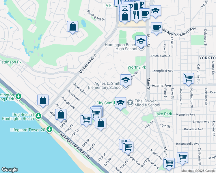 map of restaurants, bars, coffee shops, grocery stores, and more near 19835 Maritime Lane in Huntington Beach