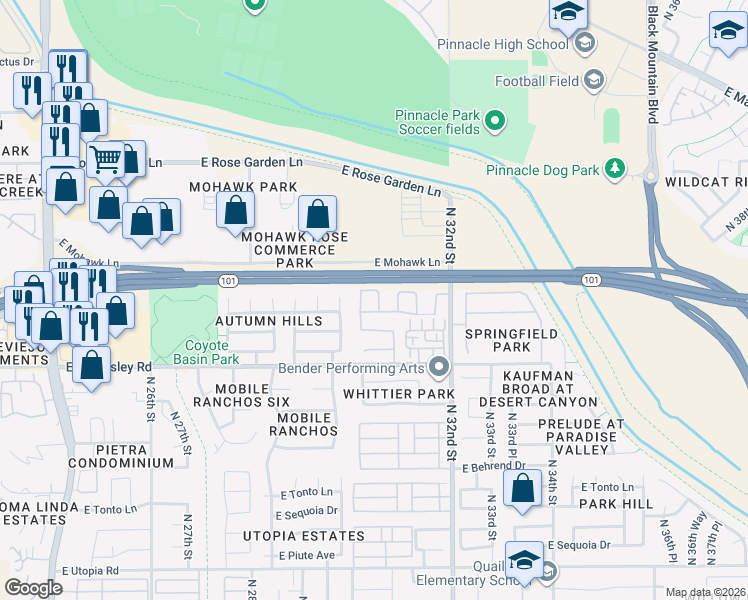 map of restaurants, bars, coffee shops, grocery stores, and more near 20414 North 30th Way in Phoenix