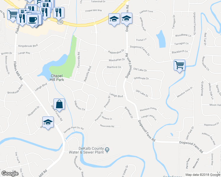 map of restaurants, bars, coffee shops, grocery stores, and more near 3510 Stanford Circle in Decatur