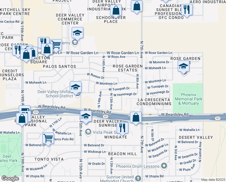 map of restaurants, bars, coffee shops, grocery stores, and more near 1031 West Tonopah Drive in Phoenix