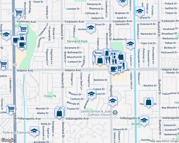 map of restaurants, bars, coffee shops, grocery stores, and more near 17548 Tranquil Lane in Huntington Beach