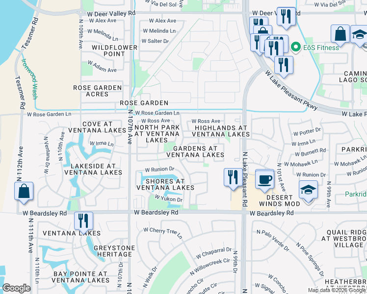 map of restaurants, bars, coffee shops, grocery stores, and more near 20634 North 104th Avenue in Peoria
