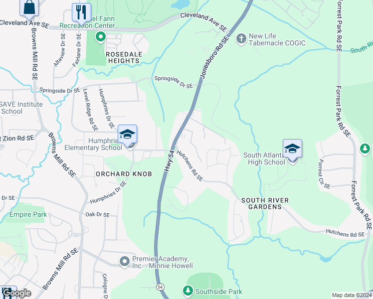 map of restaurants, bars, coffee shops, grocery stores, and more near 2980 Jonesboro Road Southeast in Atlanta