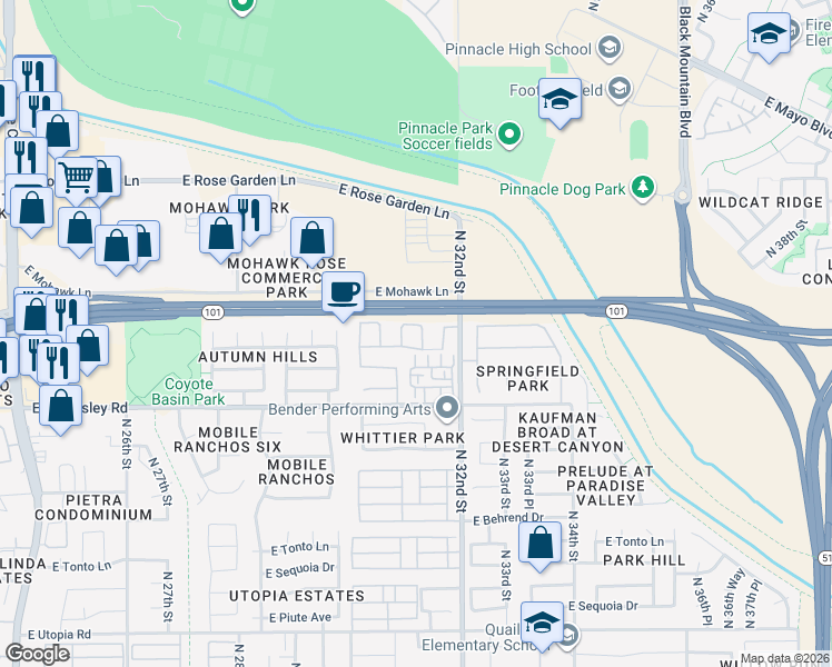 map of restaurants, bars, coffee shops, grocery stores, and more near 20414 North 31st Place in Phoenix