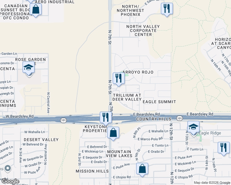 map of restaurants, bars, coffee shops, grocery stores, and more near 20425 North 7th Street in Phoenix