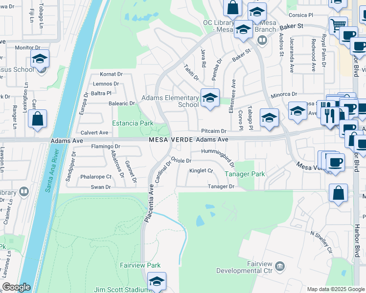 map of restaurants, bars, coffee shops, grocery stores, and more near 2780 Longwood Court in Costa Mesa