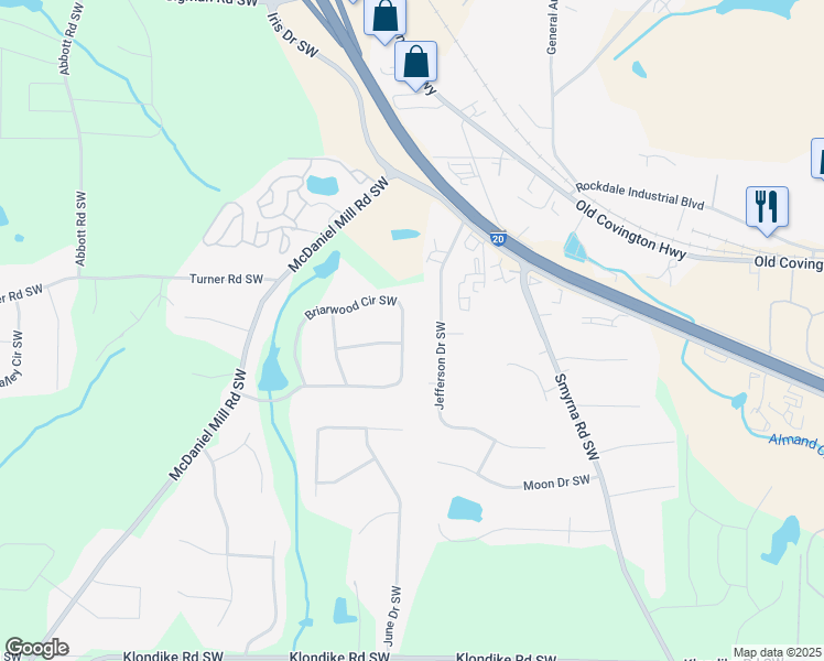 map of restaurants, bars, coffee shops, grocery stores, and more near 2266 Briarwood Circle Southwest in Conyers