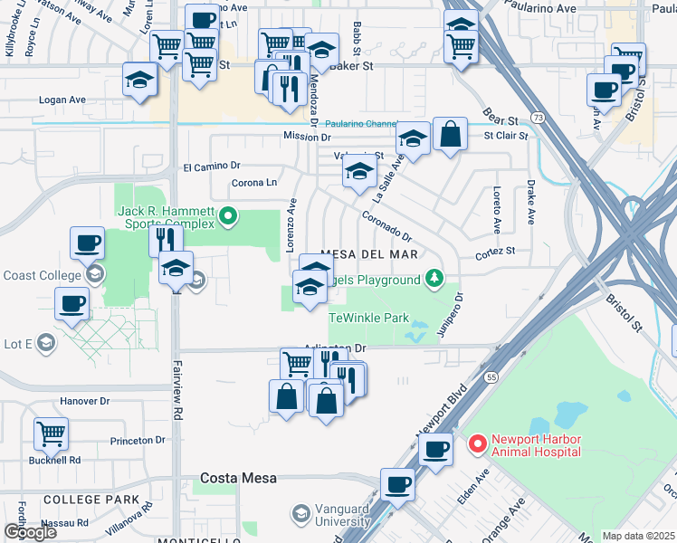 map of restaurants, bars, coffee shops, grocery stores, and more near 1002 Presidio Drive in Costa Mesa