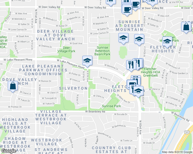 map of restaurants, bars, coffee shops, grocery stores, and more near 9046 Irma Lane in Peoria