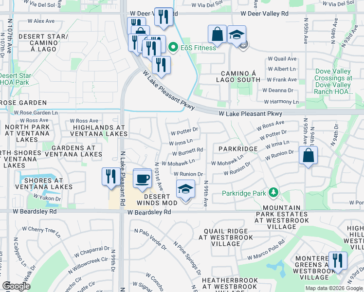 map of restaurants, bars, coffee shops, grocery stores, and more near 10019 West Irma Lane in Peoria