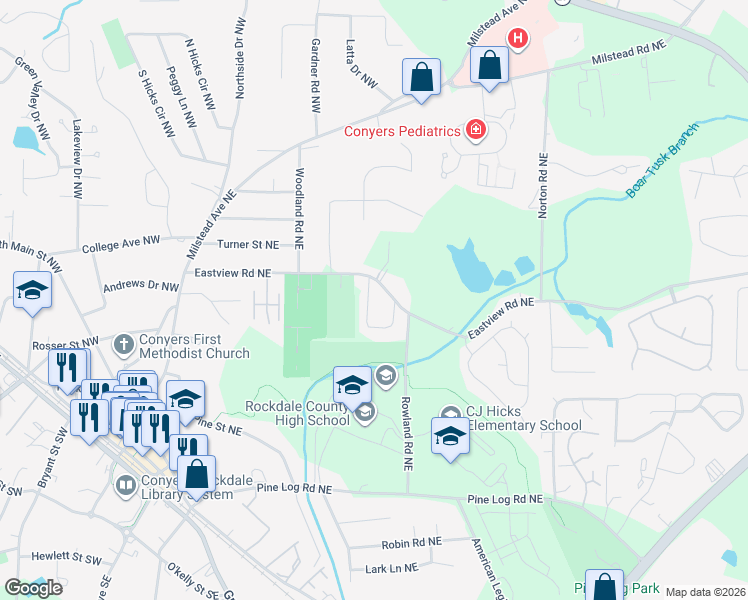 map of restaurants, bars, coffee shops, grocery stores, and more near 1108 Crestview Circle Northeast in Conyers