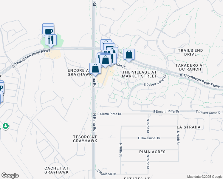 map of restaurants, bars, coffee shops, grocery stores, and more near 8883 East Rusty Spur Place in Scottsdale