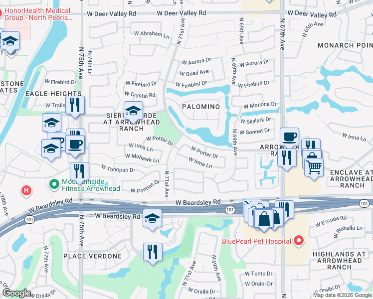 map of restaurants, bars, coffee shops, grocery stores, and more near 20702 North 70th Drive in Glendale