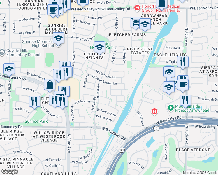 map of restaurants, bars, coffee shops, grocery stores, and more near 8020 West Beaubien Drive in Peoria