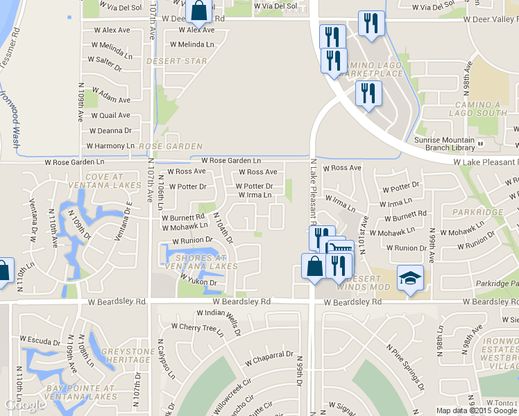 map of restaurants, bars, coffee shops, grocery stores, and more near 20637 North 103rd Avenue in Peoria