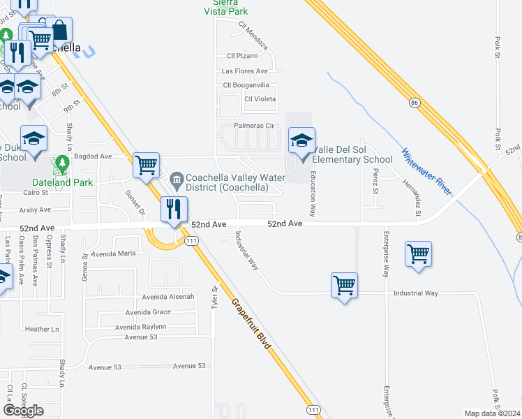 map of restaurants, bars, coffee shops, grocery stores, and more near 51996 Tyler Street in Coachella