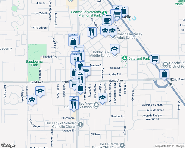 map of restaurants, bars, coffee shops, grocery stores, and more near 85215 Araby Avenue in Coachella