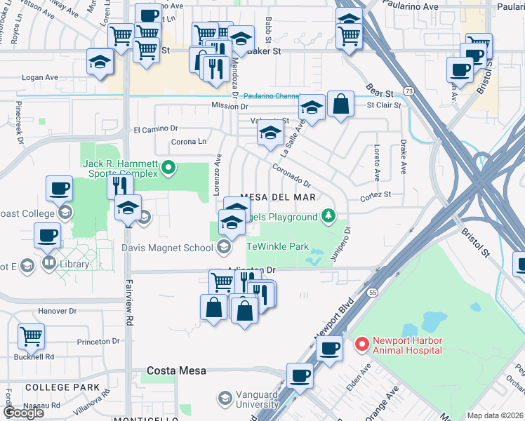 map of restaurants, bars, coffee shops, grocery stores, and more near 1002 Presidio Drive in Costa Mesa