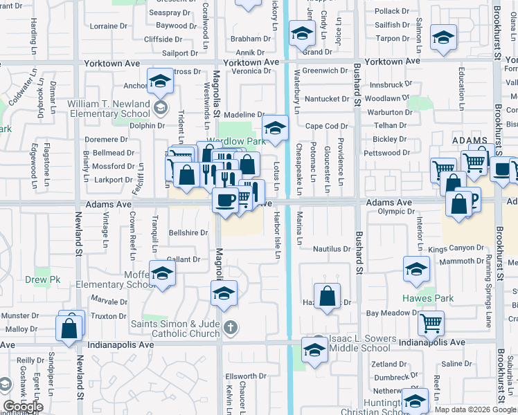 map of restaurants, bars, coffee shops, grocery stores, and more near 9122 Adams Avenue in Huntington Beach