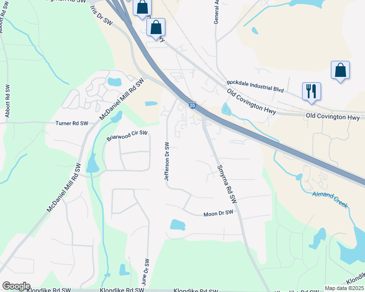map of restaurants, bars, coffee shops, grocery stores, and more near 806 Jefferson Court in Conyers