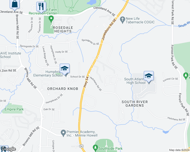 map of restaurants, bars, coffee shops, grocery stores, and more near 2980 Jonesboro Road Southeast in Atlanta