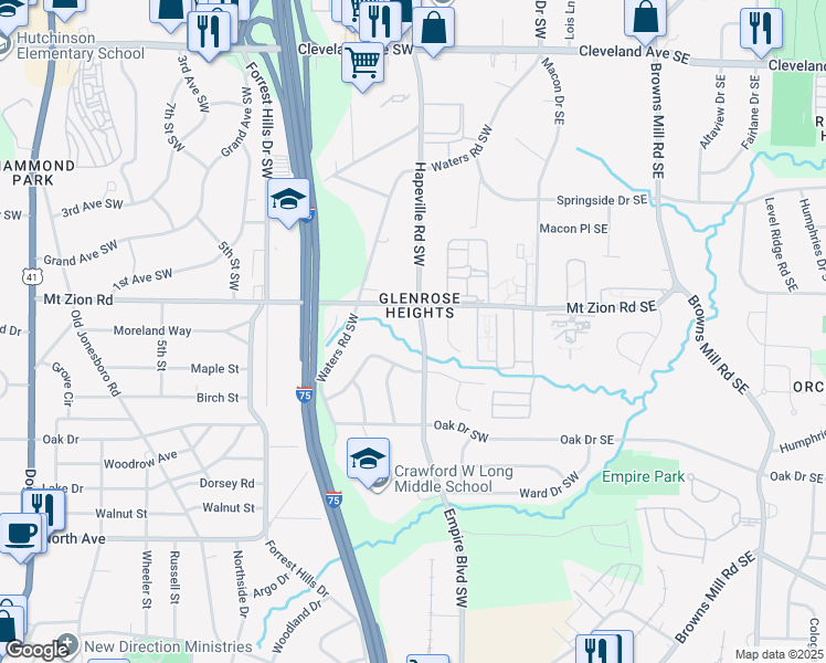 map of restaurants, bars, coffee shops, grocery stores, and more near 3028 Empire Boulevard Southwest in Atlanta