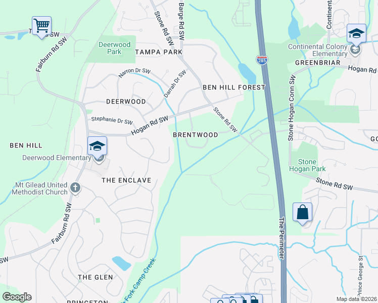 map of restaurants, bars, coffee shops, grocery stores, and more near 3568 Sherbrooke Way Southwest in Atlanta