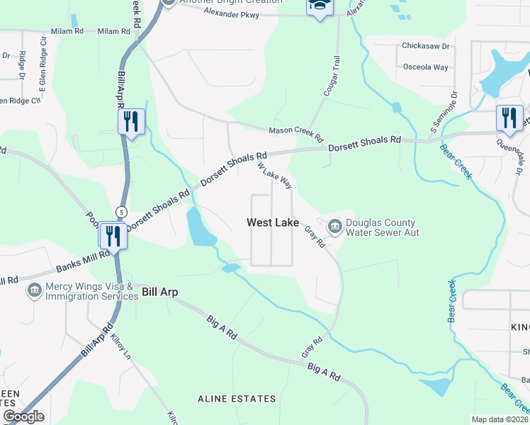map of restaurants, bars, coffee shops, grocery stores, and more near 4912 West Ridge Drive in Douglasville