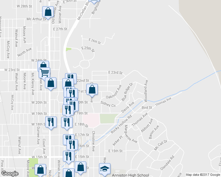 map of restaurants, bars, coffee shops, grocery stores, and more near 505 Blue Ridge Drive in Anniston