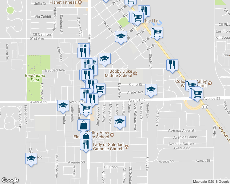 map of restaurants, bars, coffee shops, grocery stores, and more near 85275 Araby Avenue in Coachella