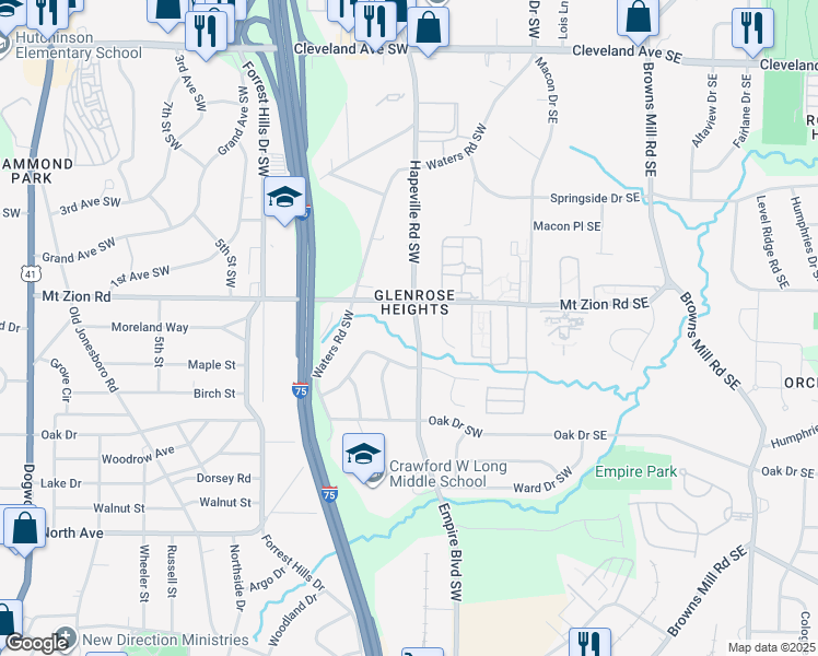 map of restaurants, bars, coffee shops, grocery stores, and more near 3028 Empire Boulevard Southwest in Atlanta