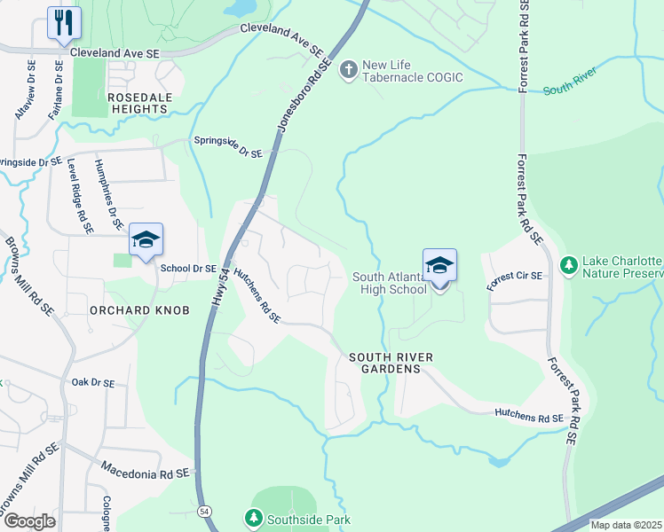map of restaurants, bars, coffee shops, grocery stores, and more near 646 King Smith Road Southeast in Atlanta