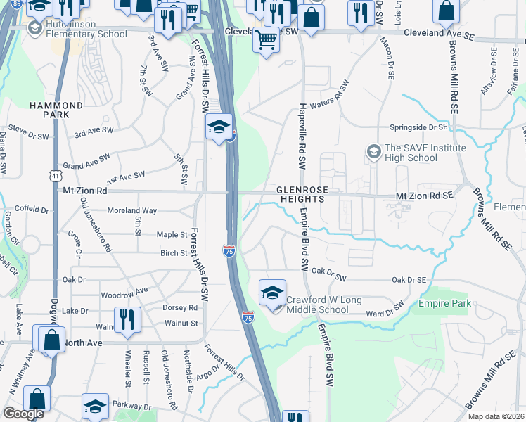 map of restaurants, bars, coffee shops, grocery stores, and more near 3020 Waters Road Southwest in Atlanta