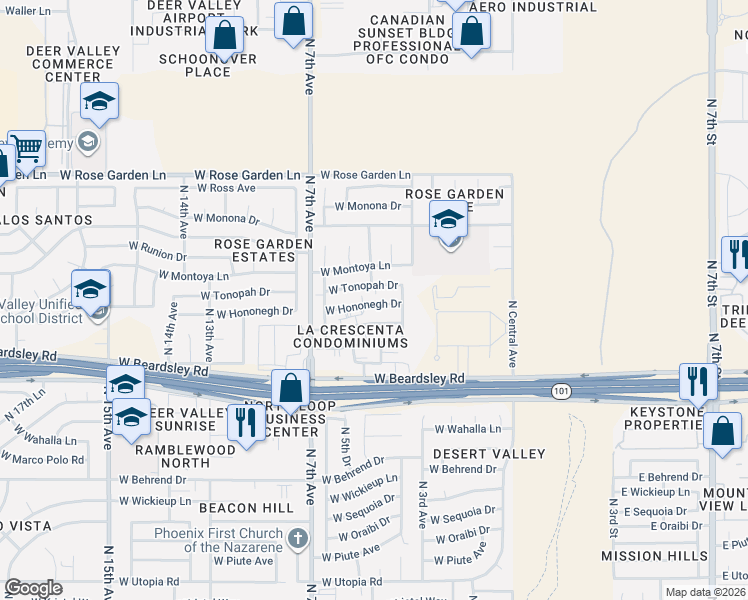 map of restaurants, bars, coffee shops, grocery stores, and more near 502 West Hononegh Drive in Phoenix