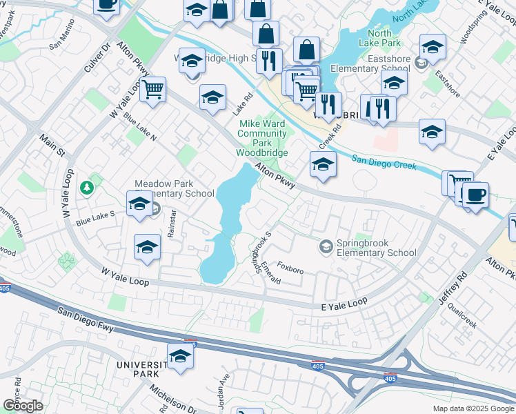 map of restaurants, bars, coffee shops, grocery stores, and more near 1 Willowlake in Irvine